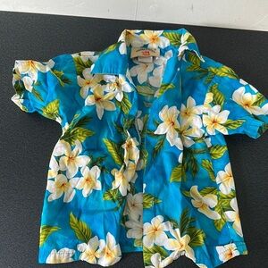Blue and Green Button Down Shirt with Tropical Floral Design